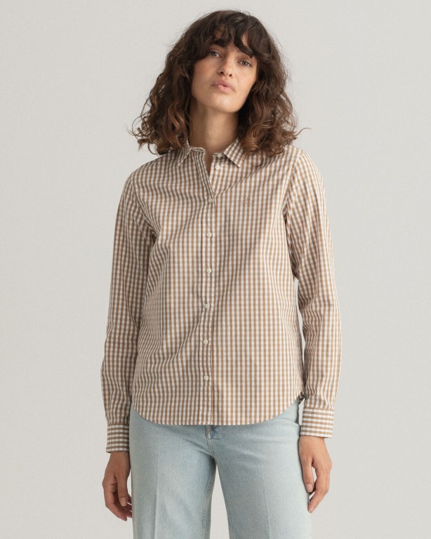 Gant Regular Fit Gingham Broadcloth Women's Shirts Khaki | HbpeWXnWbeH