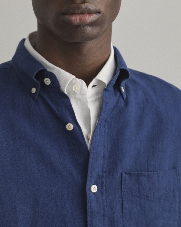 Gant Regular Fit Linen Men's Shirts Navy | fpJcQJ5IFiB