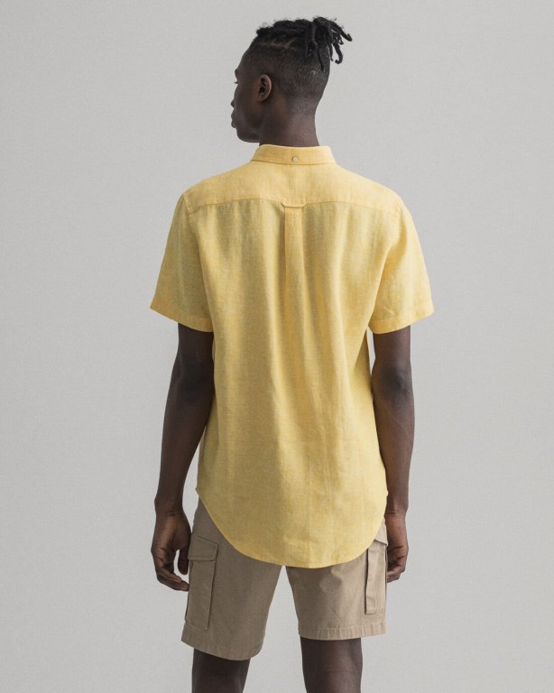 Gant Regular Fit Linen Short Sleeve Men's Shirts Yellow | E47OZ4Fiikl