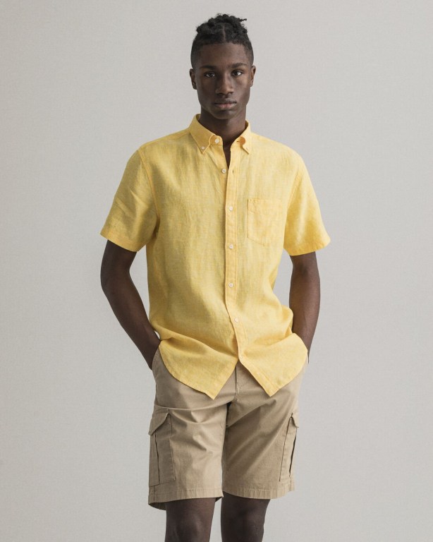 Gant Regular Fit Linen Short Sleeve Men's Shirts Yellow | E47OZ4Fiikl