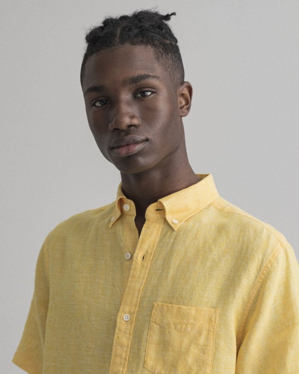 Gant Regular Fit Linen Short Sleeve Men's Shirts Yellow | E47OZ4Fiikl