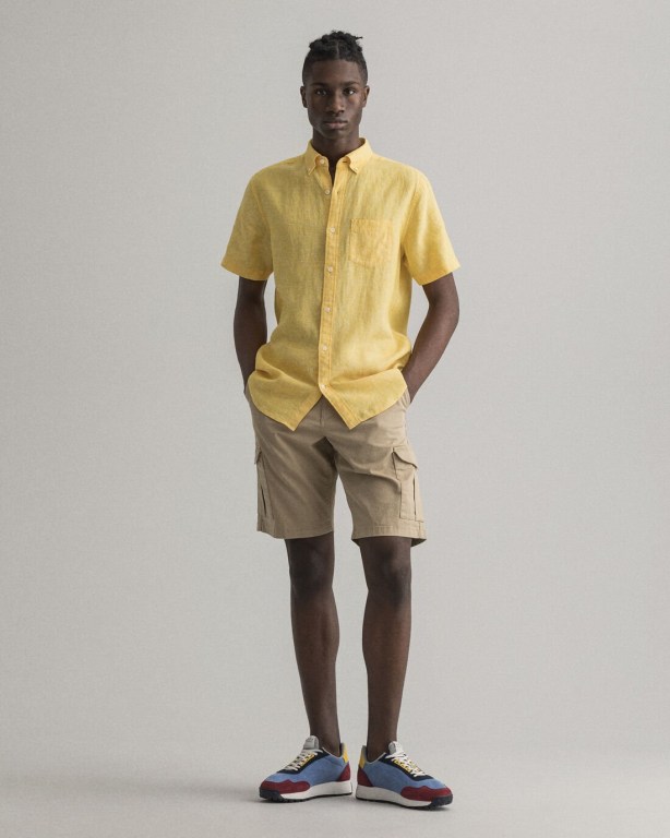 Gant Regular Fit Linen Short Sleeve Men's Shirts Yellow | E47OZ4Fiikl