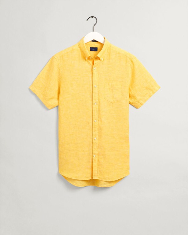 Gant Regular Fit Linen Short Sleeve Men's Shirts Yellow | E47OZ4Fiikl