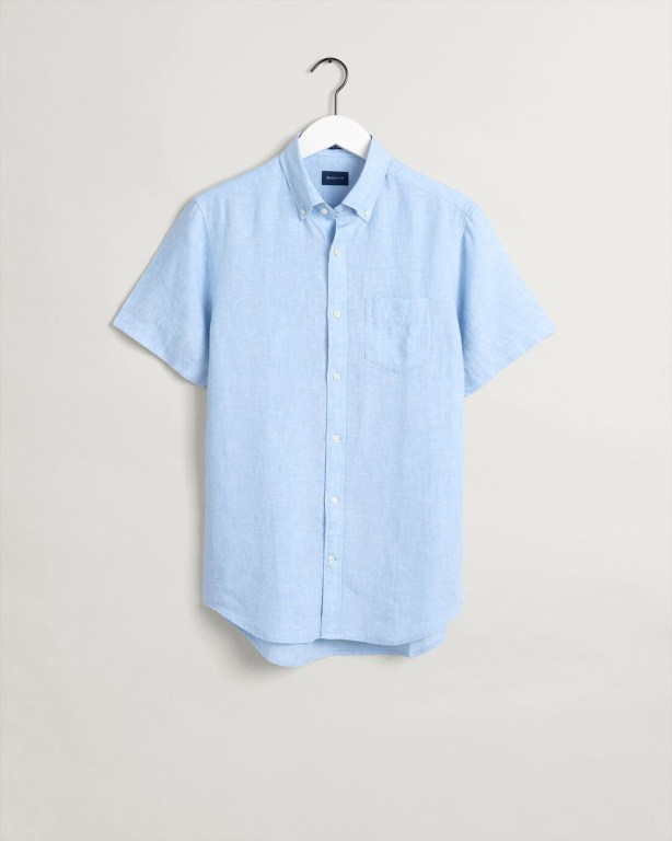 Gant Regular Fit Linen Short Sleeve Men's Shirts Blue | Wuu5WGcqg9z