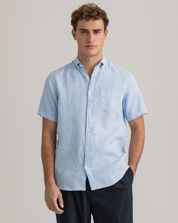 Gant Regular Fit Linen Short Sleeve Men\'s Shirts Blue | Wuu5WGcqg9z