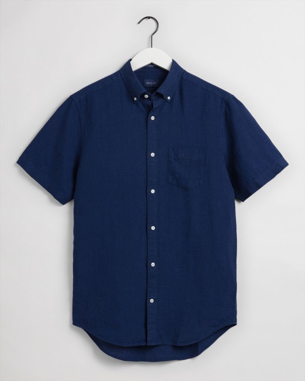 Gant Regular Fit Linen Short Sleeve Men's Shirts Navy | eBEabsLUp0e