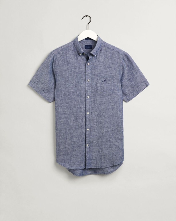 Gant Regular Fit Linen Short Sleeve Men\'s Shirts Blue | qfEt1Wjxfxu