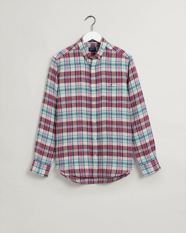 Gant Regular Fit Madras Linen Men's Shirts Rose | 6u6obO5f2qZ