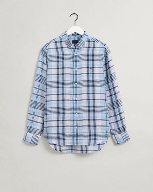 Gant Regular Fit Madras Linen Men's Shirts Blue | Mf3EJVSvnhT