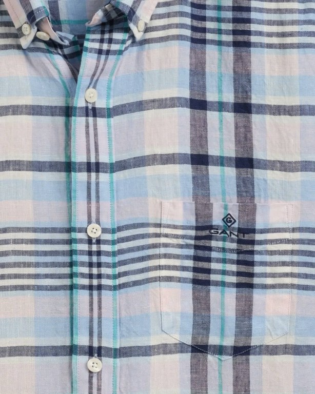 Gant Regular Fit Madras Short Sleeve Linen Men's Shirts Blue | iWnjPK1qAWn