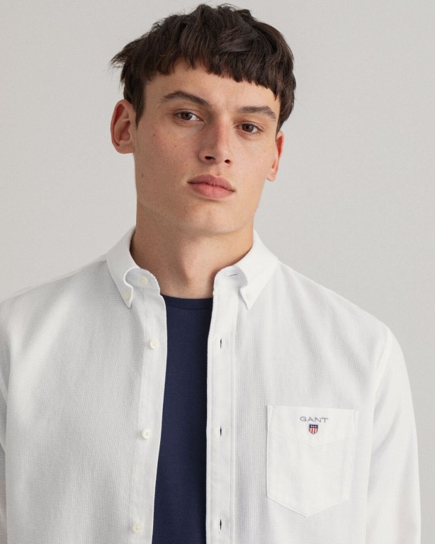 Gant Regular Fit Shield Texture Men's Shirts White | s4rZyIGfbAU