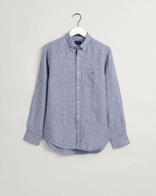 Gant Regular Fit Stripe Linen Men's Shirts Blue | CItujJ3lH4h