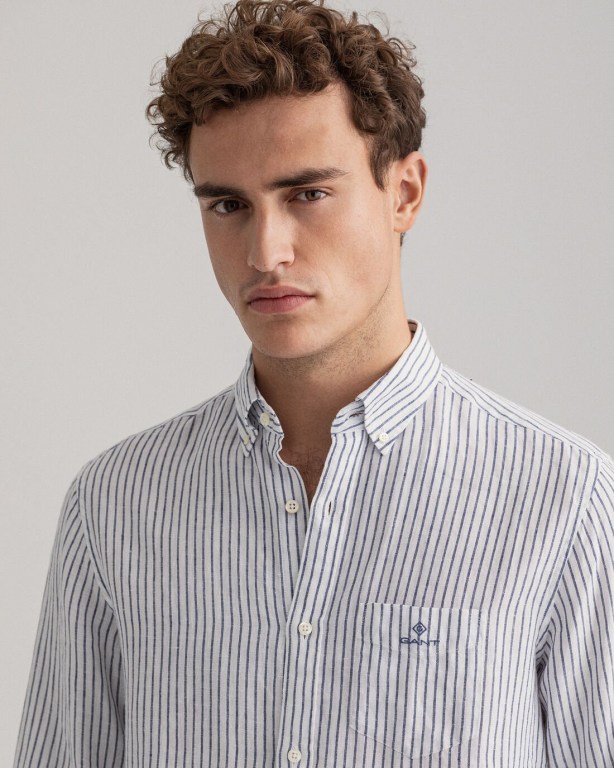 Gant Regular Fit Stripe Linen Men's Shirts White | RQlwI7Q9Qlf