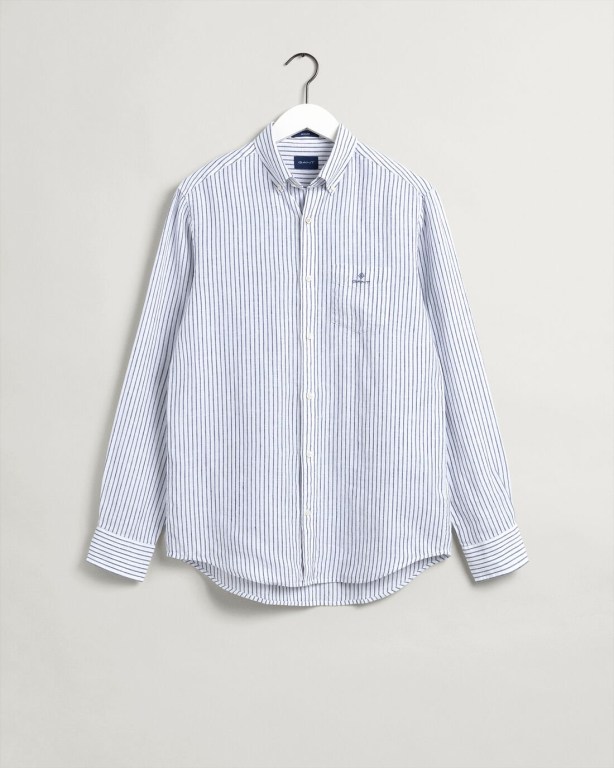 Gant Regular Fit Stripe Linen Men's Shirts White | RQlwI7Q9Qlf