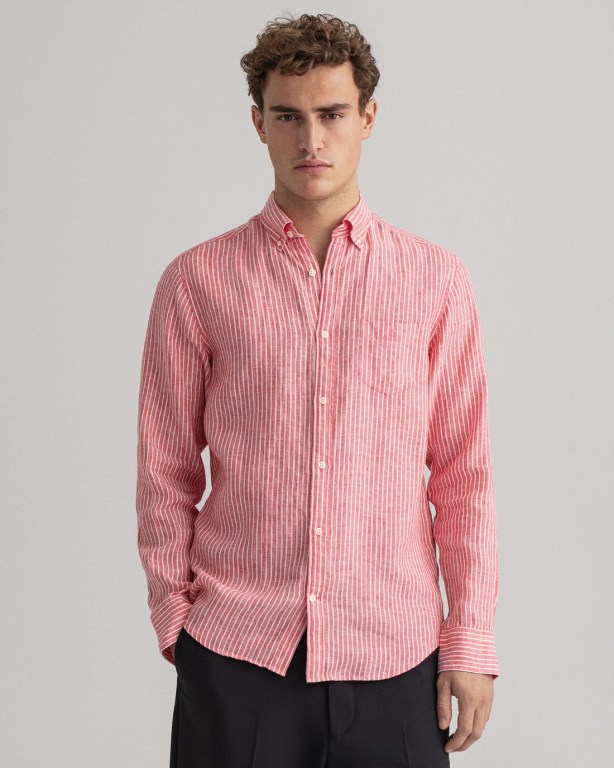 Gant Regular Fit Stripe Linen Men\'s Shirts Pink | uX5xjD0QirO