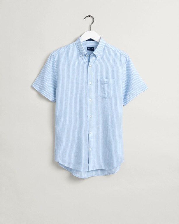 Gant Regular Fit Stripe Linen Short Sleeve Men's Shirts Blue | 2jUrWcGmam4