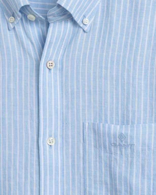 Gant Regular Fit Stripe Linen Short Sleeve Men's Shirts Blue | 2jUrWcGmam4