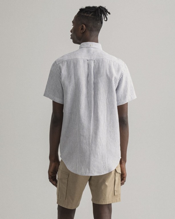 Gant Regular Fit Stripe Linen Short Sleeve Men's Shirts White | KLEwoRMTjgP