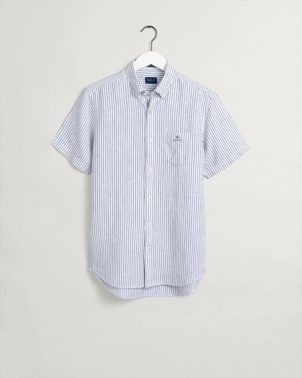 Gant Regular Fit Stripe Linen Short Sleeve Men's Shirts White | KLEwoRMTjgP