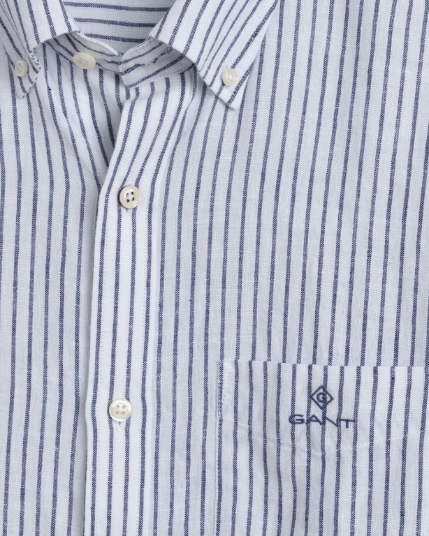 Gant Regular Fit Stripe Linen Short Sleeve Men's Shirts White | KLEwoRMTjgP