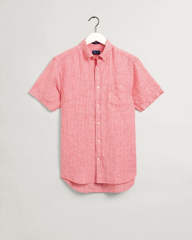 Gant Regular Fit Stripe Linen Short Sleeve Men\'s Shirts Pink | zHF8vd5O8Qm