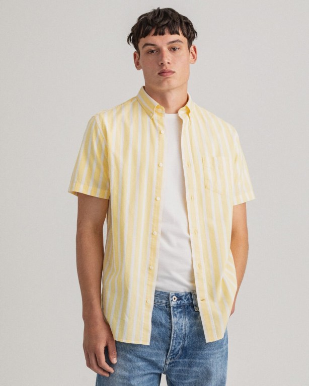 Gant Regular Fit Stripe Pastel Short Sleeve Oxford Men\'s Shirts Yellow | Fg8jkhmJ36u