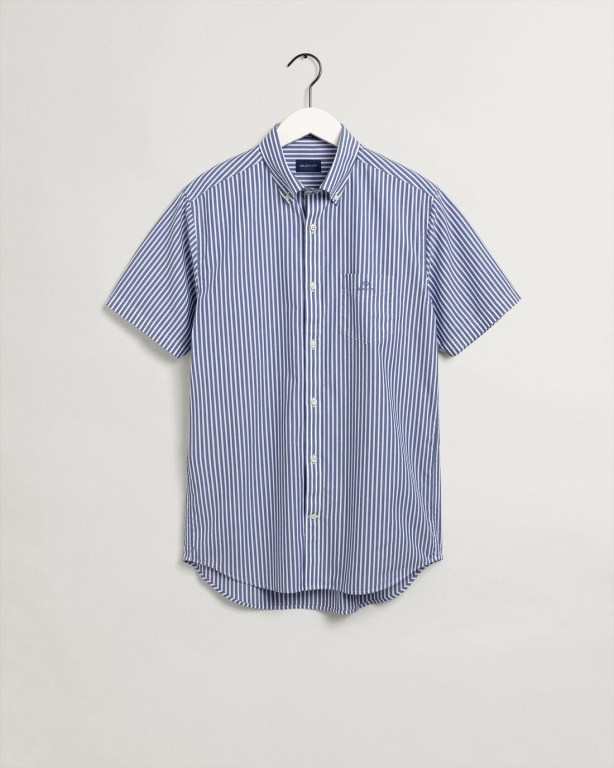 Gant Regular Fit Stripe Short Sleeve Broadcloth Men's Shirts Blue | QyR3CNQ8JFA