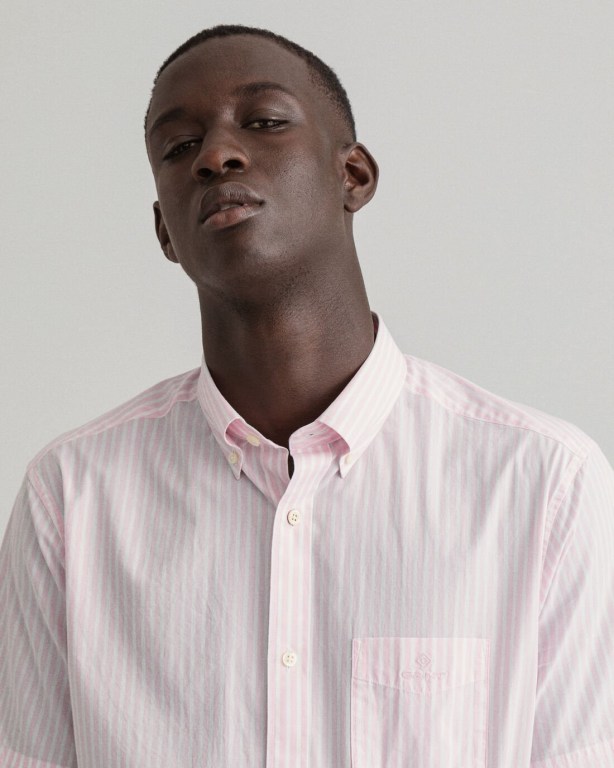 Gant Regular Fit Stripe Short Sleeve Broadcloth Men's Shirts Pink | qYtpEpia1lw