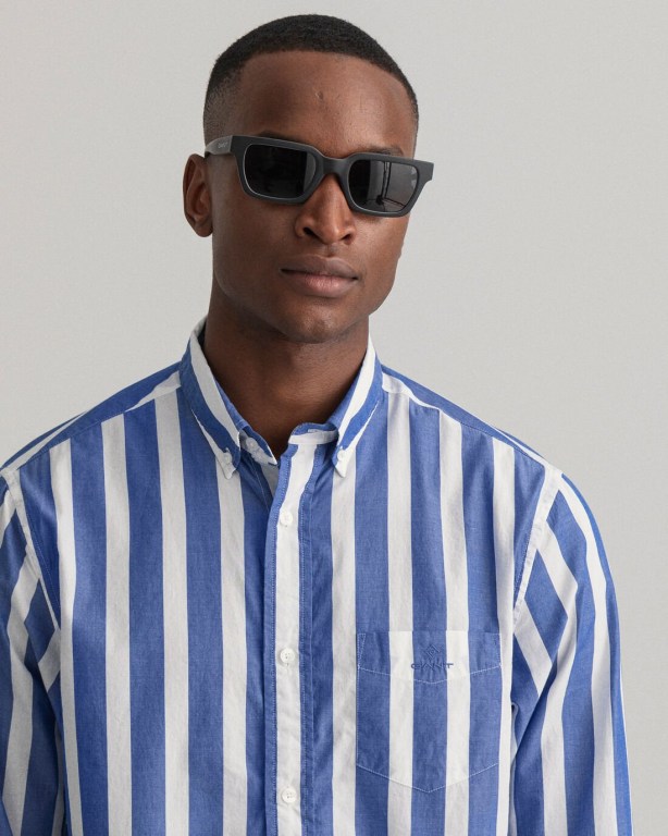 Gant Regular Fit Wide Stripe Poplin Men's Shirts Blue | sWLRcsPzpRa