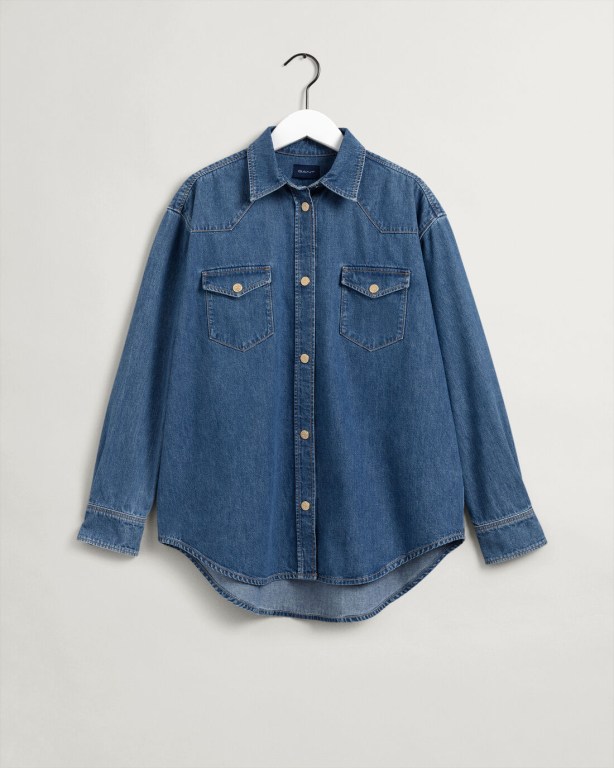 Gant Relaxed Fit Denim Women's Shirts Indigo | qqsd0YUQk1R