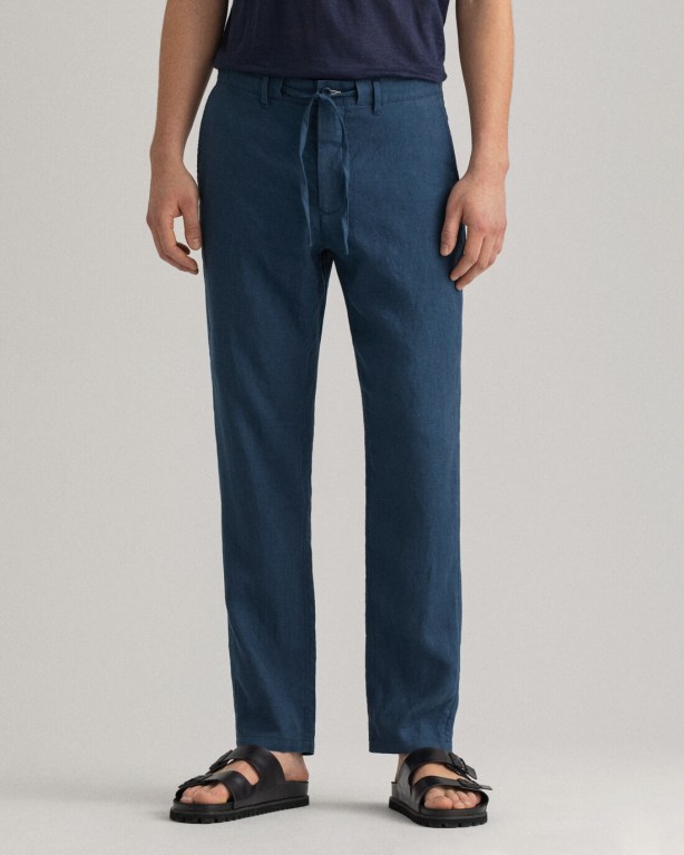 Gant Relaxed Fit Linen Drawstring Men's Pants Blue | 3bh3vuLWHzd