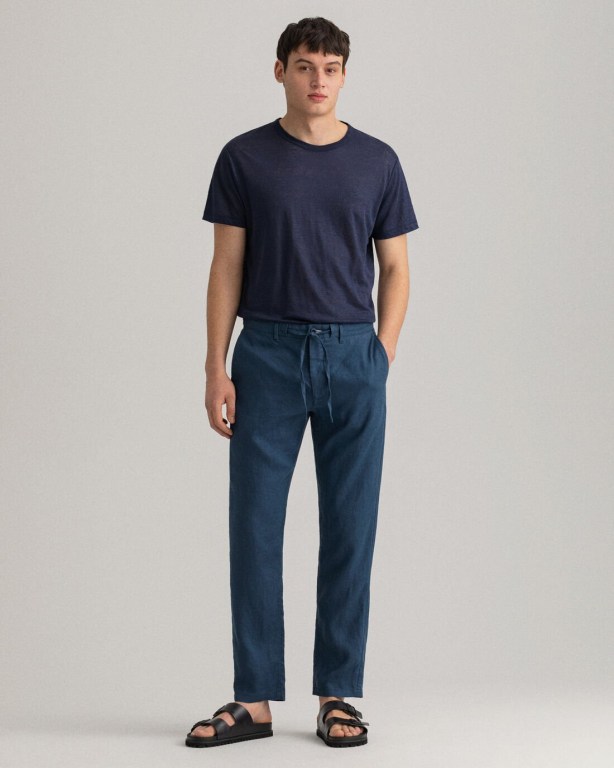 Gant Relaxed Fit Linen Drawstring Men's Pants Blue | 3bh3vuLWHzd