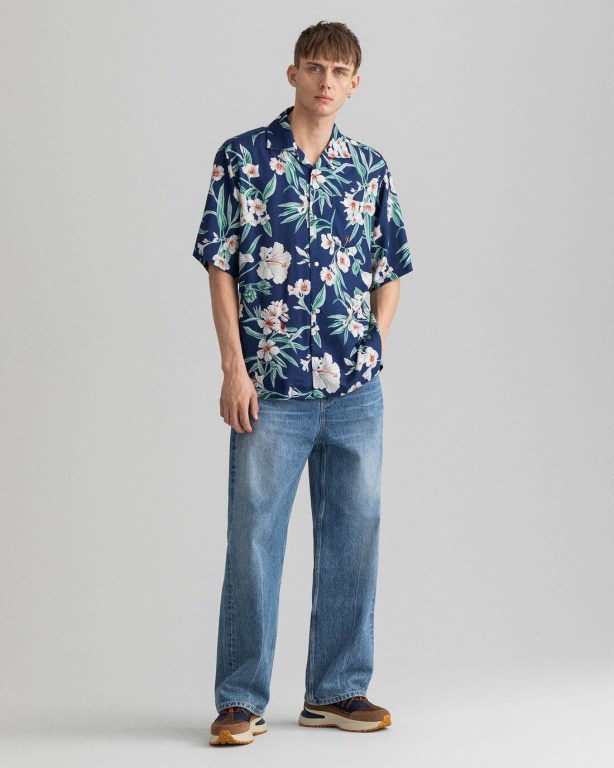 Gant Relaxed Fit Pure Prep Floral Lyocell Short Sleeve Men's Shirts Deep Blue | iNoLr7S5ieL