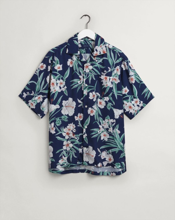 Gant Relaxed Fit Pure Prep Floral Lyocell Short Sleeve Men's Shirts Deep Blue | iNoLr7S5ieL