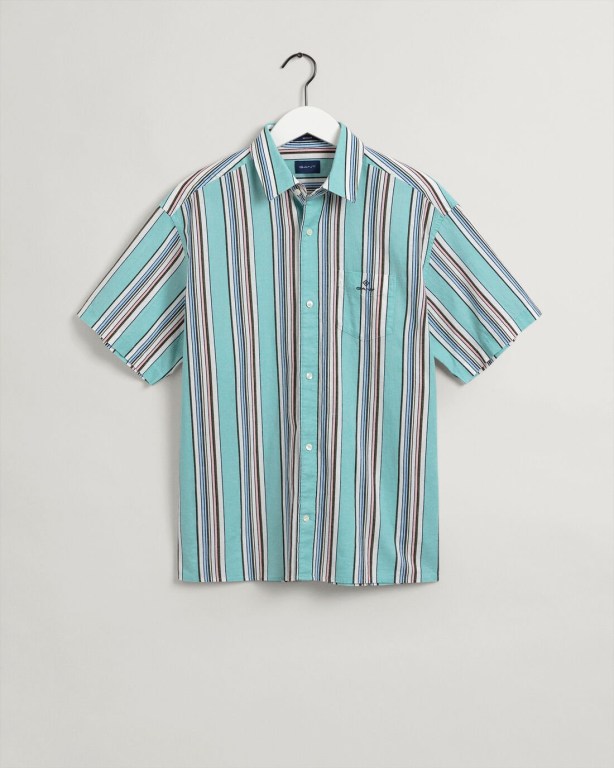 Gant Relaxed Fit Stripe Short Sleeve Cotton Linen Men's Shirts Light Turquoise Green | FHeIRd5lhIz