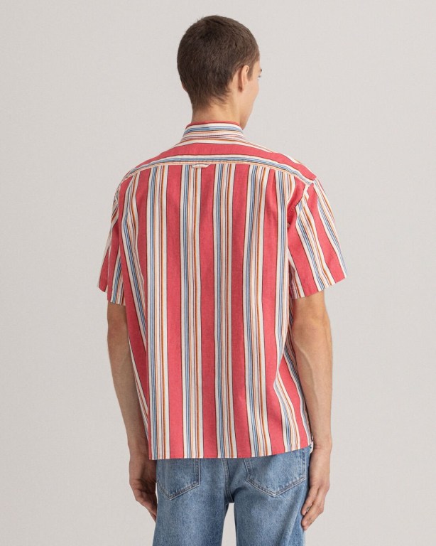 Gant Relaxed Fit Stripe Short Sleeve Cotton Linen Men's Shirts Pink | janViPzqRTH