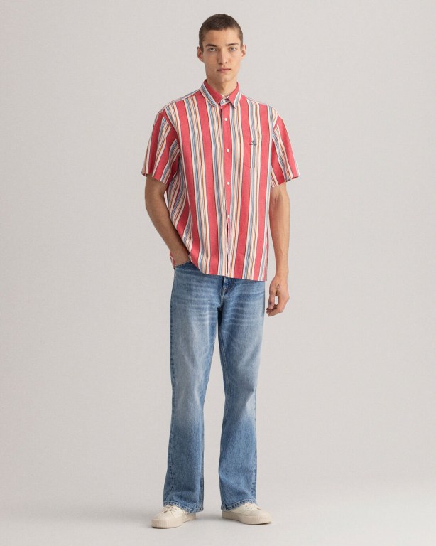 Gant Relaxed Fit Stripe Short Sleeve Cotton Linen Men's Shirts Pink | janViPzqRTH