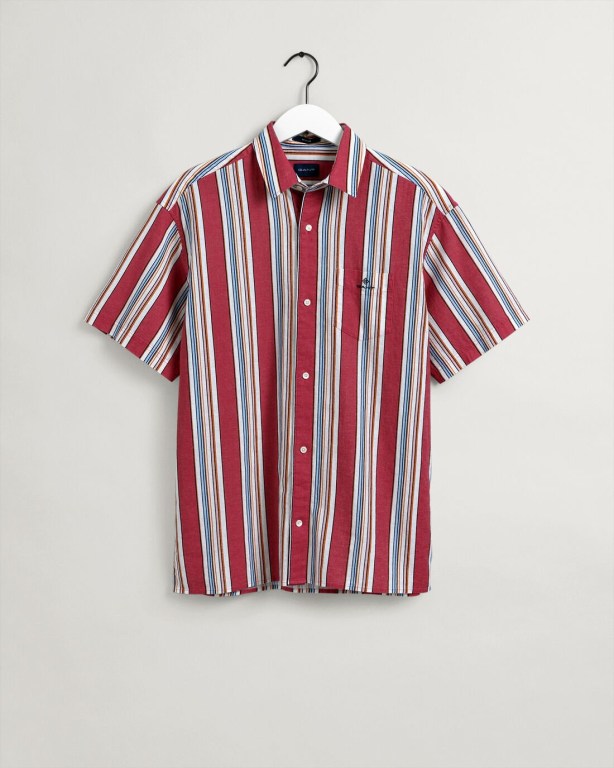 Gant Relaxed Fit Stripe Short Sleeve Cotton Linen Men's Shirts Pink | janViPzqRTH