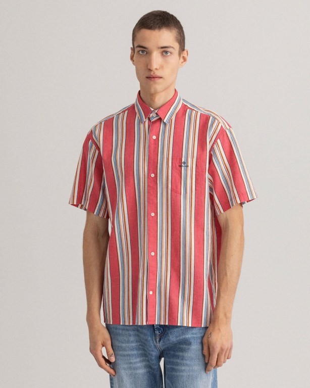 Gant Relaxed Fit Stripe Short Sleeve Cotton Linen Men\'s Shirts Pink | janViPzqRTH