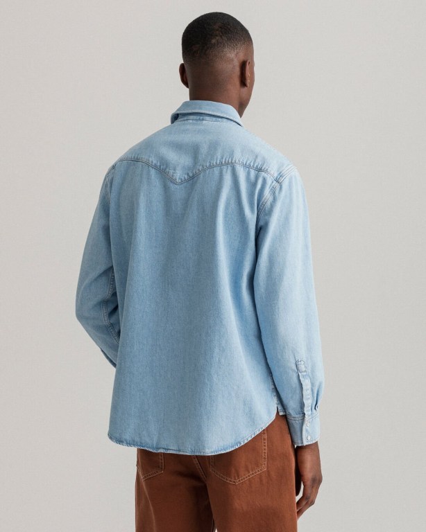 Gant Relaxed Fit Western Denim Men's Shirts Light Blue | EDGYBZWwTNT