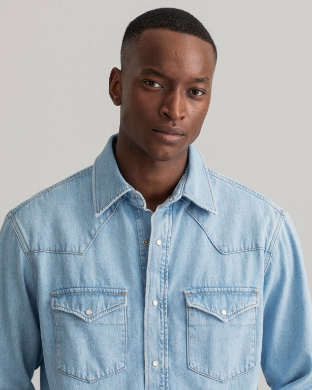 Gant Relaxed Fit Western Denim Men's Shirts Light Blue | EDGYBZWwTNT