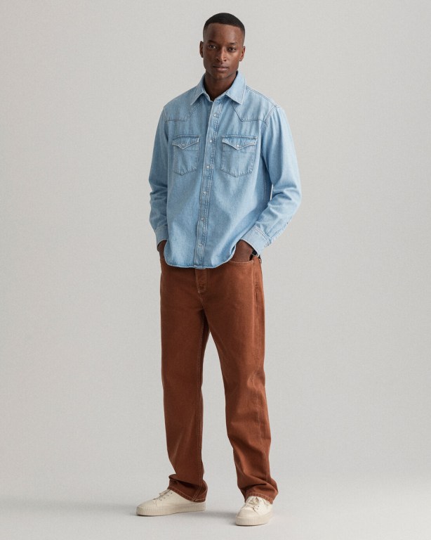 Gant Relaxed Fit Western Denim Men's Shirts Light Blue | EDGYBZWwTNT