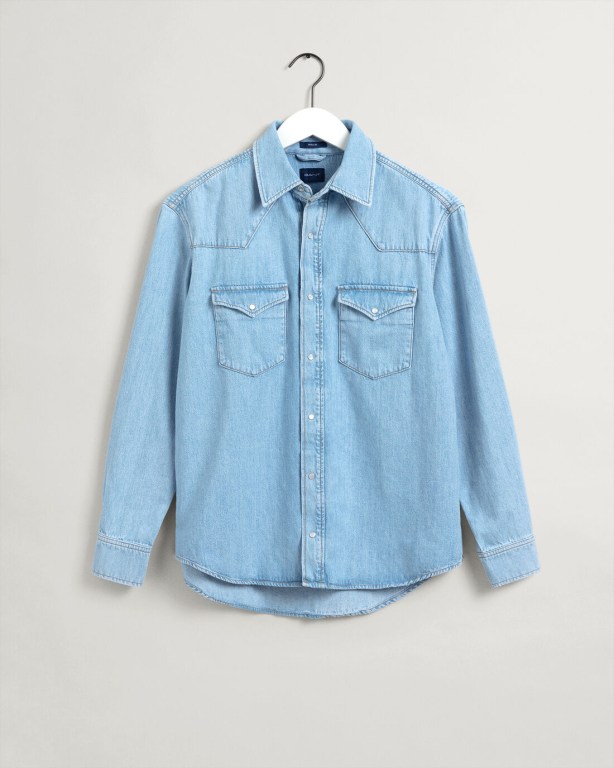 Gant Relaxed Fit Western Denim Men's Shirts Light Blue | EDGYBZWwTNT