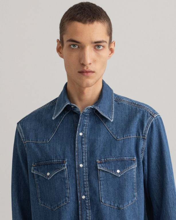 Gant Relaxed Fit Western Denim Men's Shirts Blue | ZIkYUIJTPMV