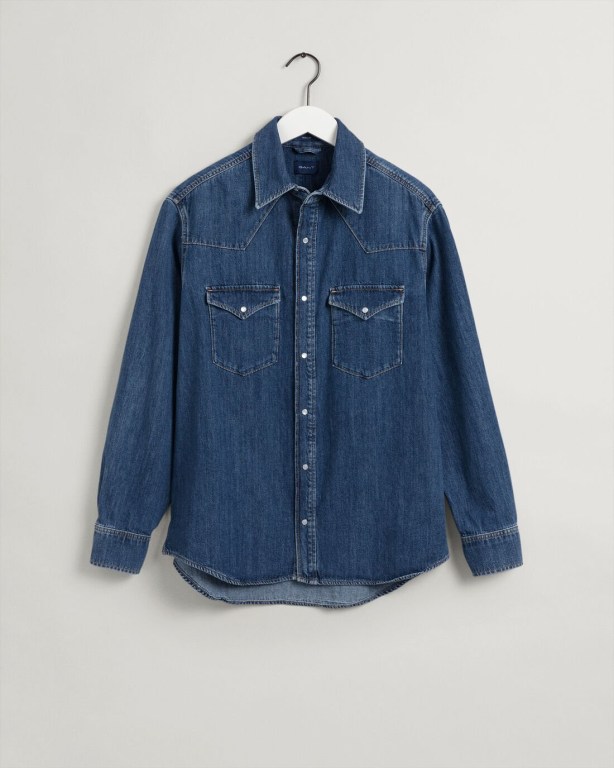 Gant Relaxed Fit Western Denim Men's Shirts Blue | ZIkYUIJTPMV