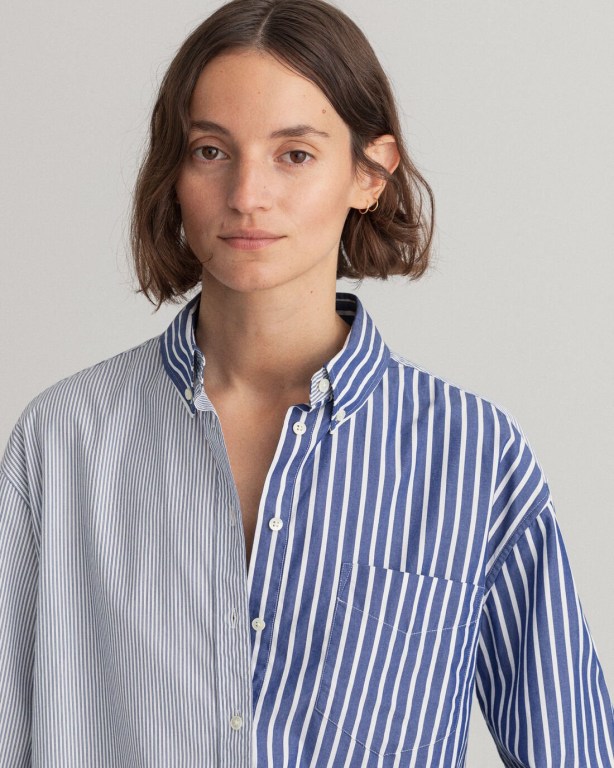 Gant Relaxed Fit Wide Cuff Mixed Stripe Women's Shirts Blue | k5WRMAp60Eu