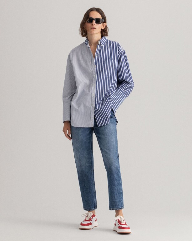 Gant Relaxed Fit Wide Cuff Mixed Stripe Women's Shirts Blue | k5WRMAp60Eu