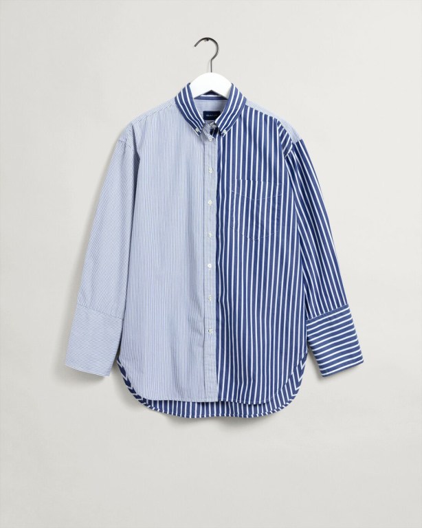 Gant Relaxed Fit Wide Cuff Mixed Stripe Women's Shirts Blue | k5WRMAp60Eu