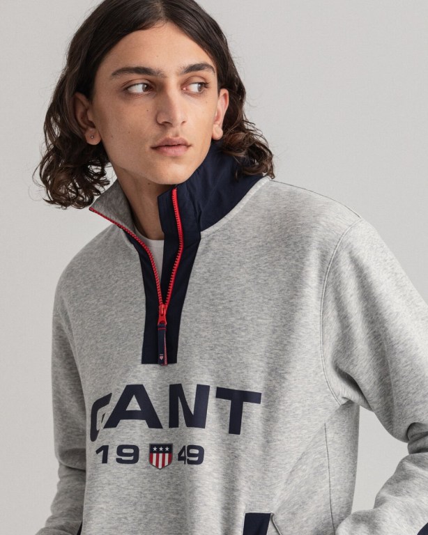 Gant Retro Logo Half-Zip Men's Sweatshirts Light Grey | xlBAZ5THCFv