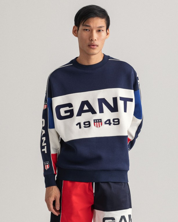 Gant Retro Shield Colorblock Crew Neck Men\'s Sweatshirts Blue | XBSVjoJY40t